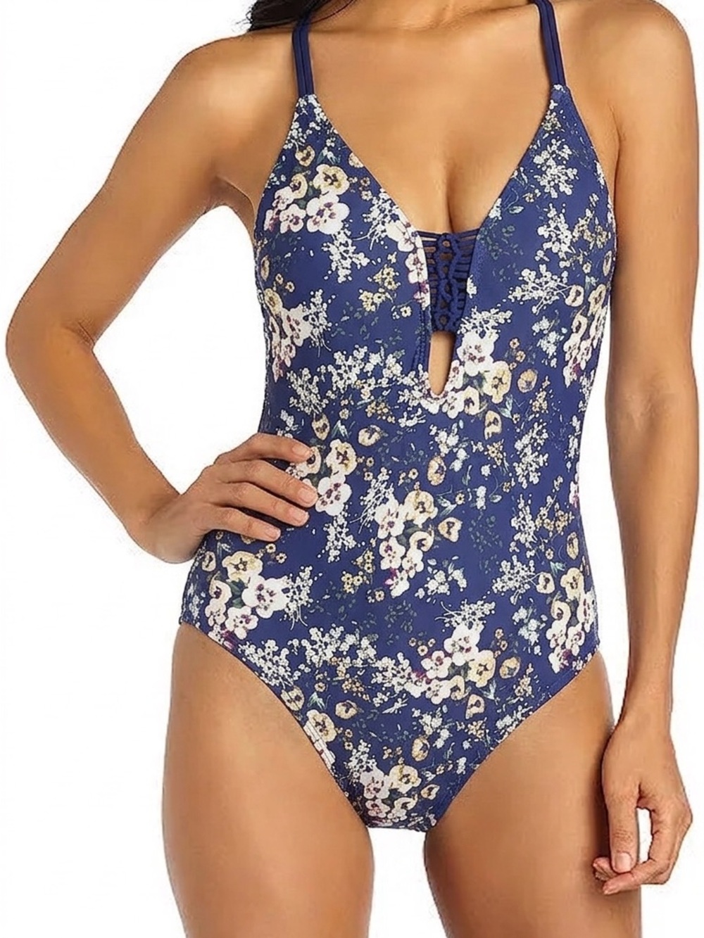 Ambrielle Floral Macramé Back One Piece Swimsuit - Navy Blue - Large